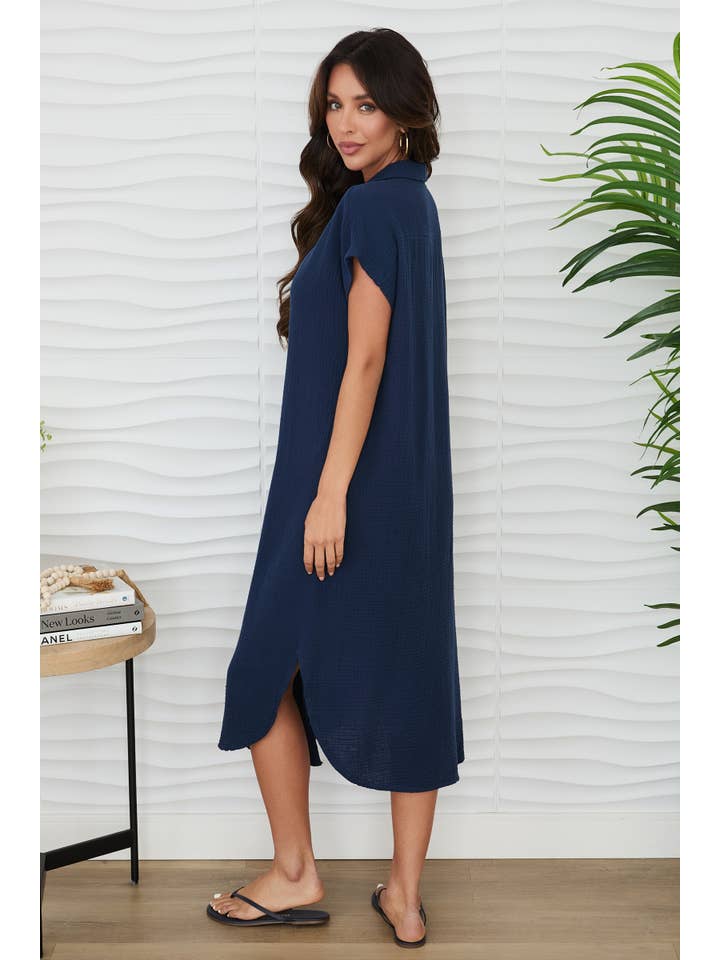 Gauze Short Sleeve Button Down Midi Dress in Navy