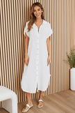Gauze Short Sleeve Button Down Midi Dress in White