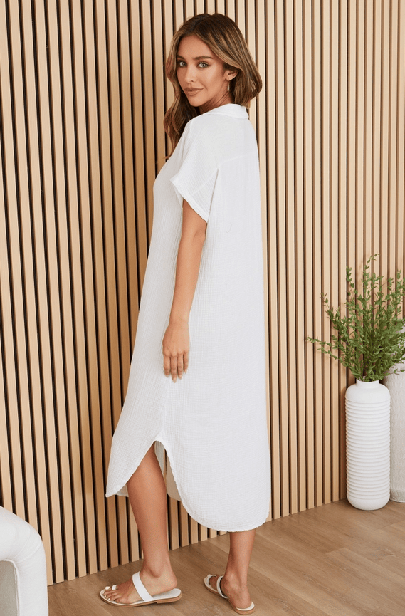 Gauze Short Sleeve Button Down Midi Dress in White