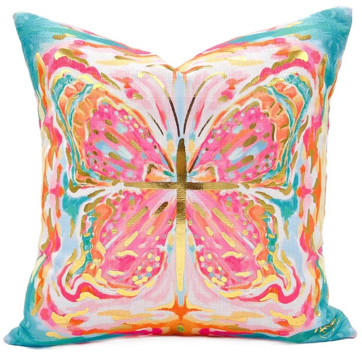 Gold Foil Tropical Kaleidoscope Butterfly Velvet Pillow
