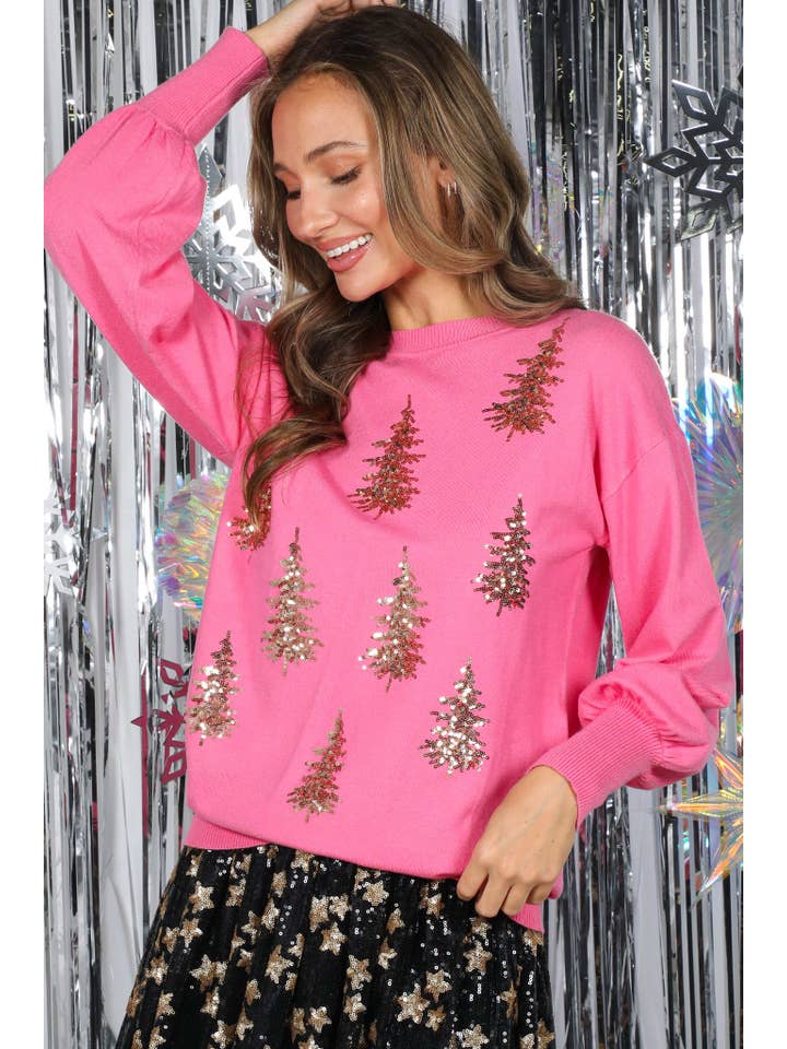 pink and gold sequin tree sweater