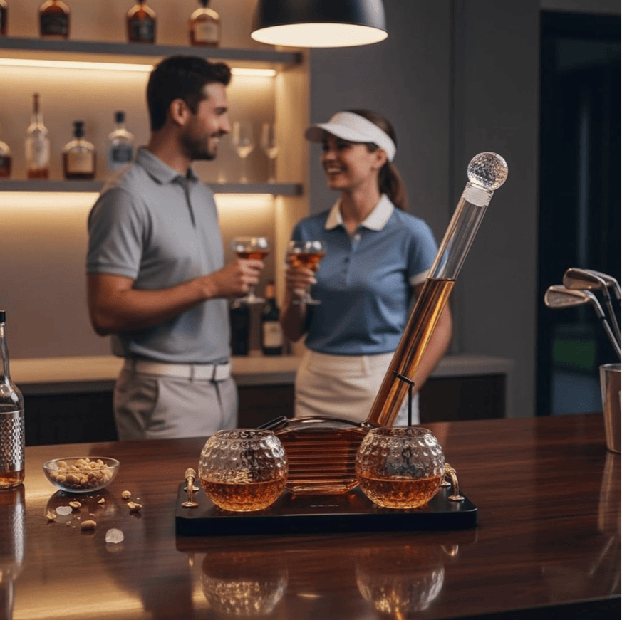 Golf Club Whiskey Decanter and 2 Golf Ball Glasses