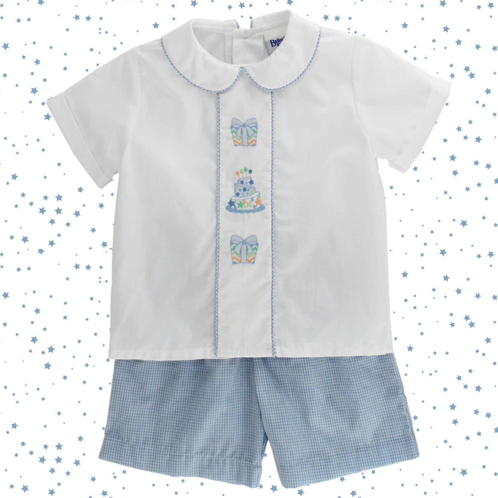 Bailey Boys Party Time Embroidered Dressy Short Set in Blue Gingham - Little Miss Muffin Children & Home