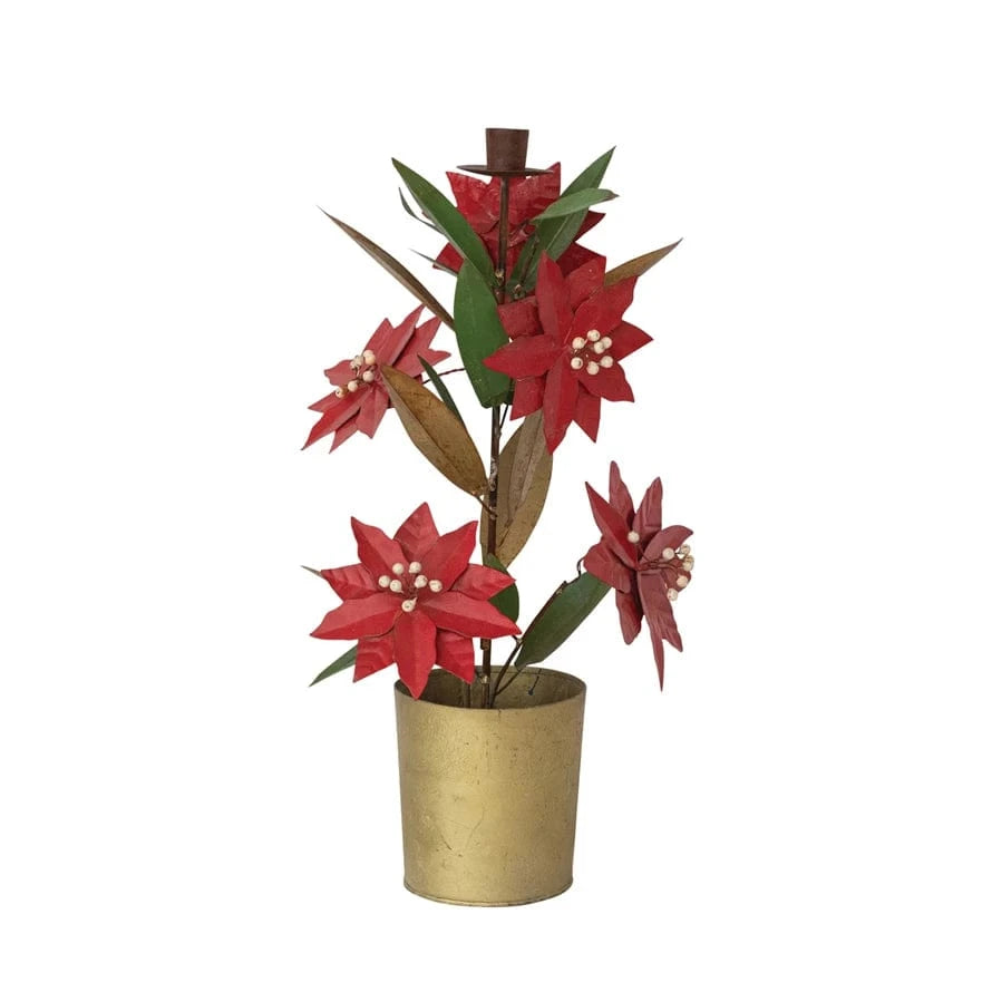 artificial poinsettia plant in pot Hand-Painted Metal Vintage Reproduction Toleware with Taper Holder