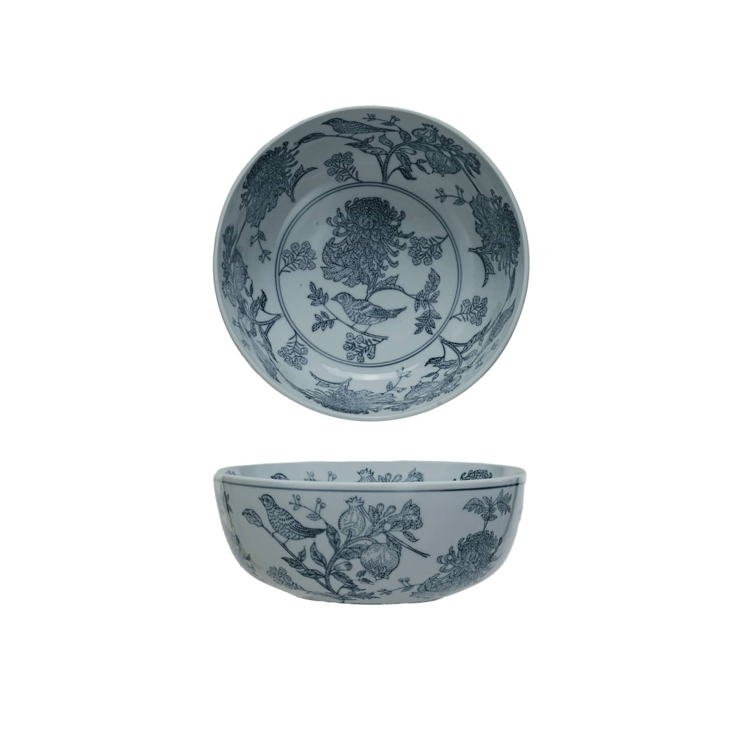 Hand-Stamped Stoneware Bowl with Birds & Botanicals