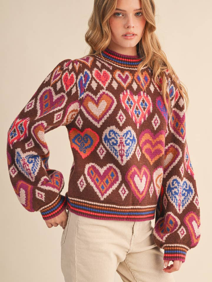 Heart Pattern Pullover in Brown Multi