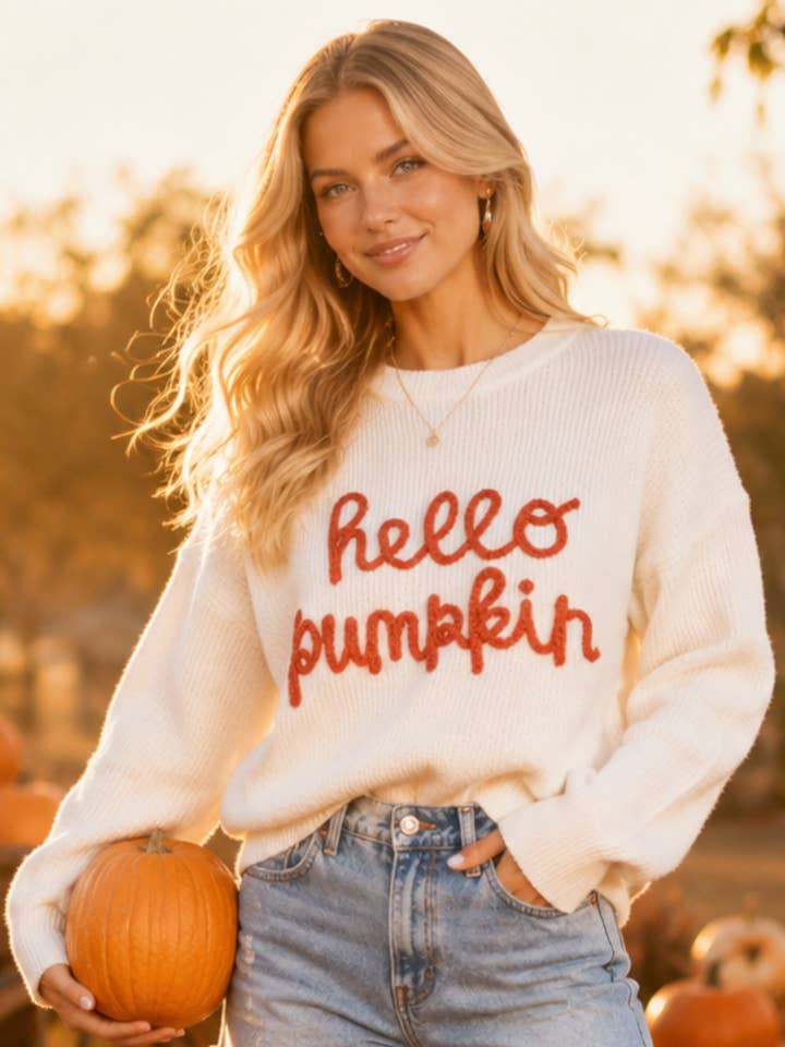 Hello Pumpkin Embroidered Knit Sweater