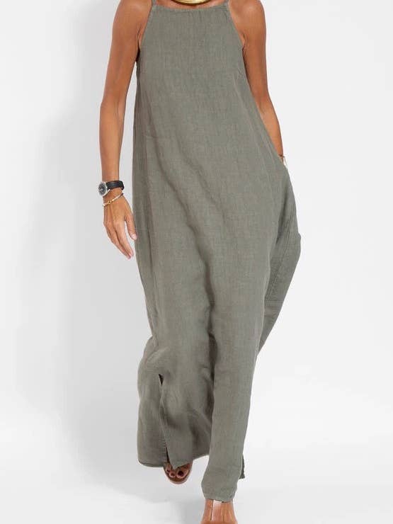 High Neck Cami Gauze Maxi Dress in Olive