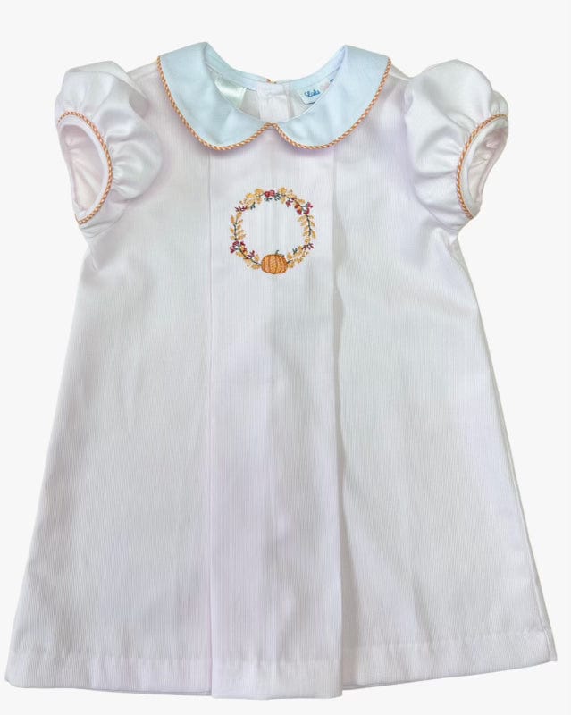 Lulu Bebe Lulu Bebe Pink/White Embroidered Pumpkin Wreath Pleat Dress - Little Miss Muffin Children & Home