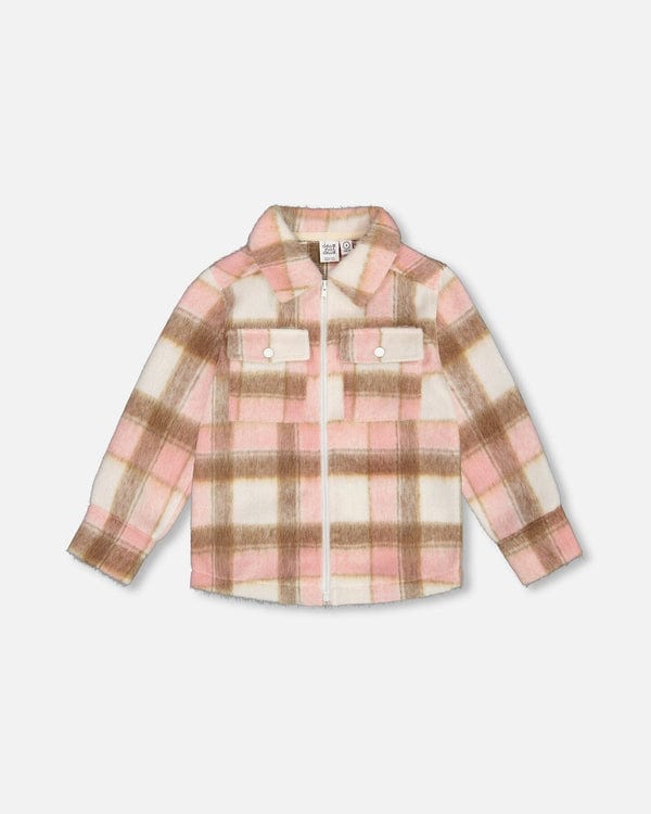 Deux Par Deux Deux Par Deux Shacket in Pink, Brown & Off White Flannel Plaid - Little Miss Muffin Children & Home