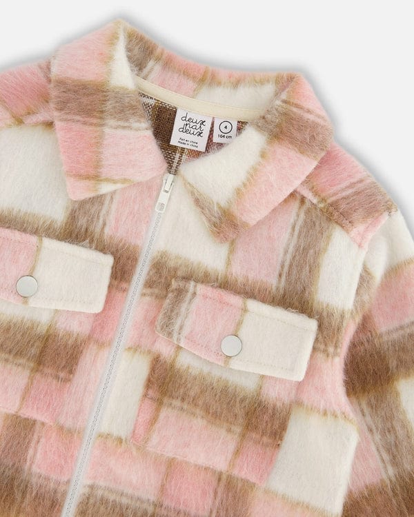 Deux Par Deux Deux Par Deux Shacket in Pink, Brown & Off White Flannel Plaid - Little Miss Muffin Children & Home