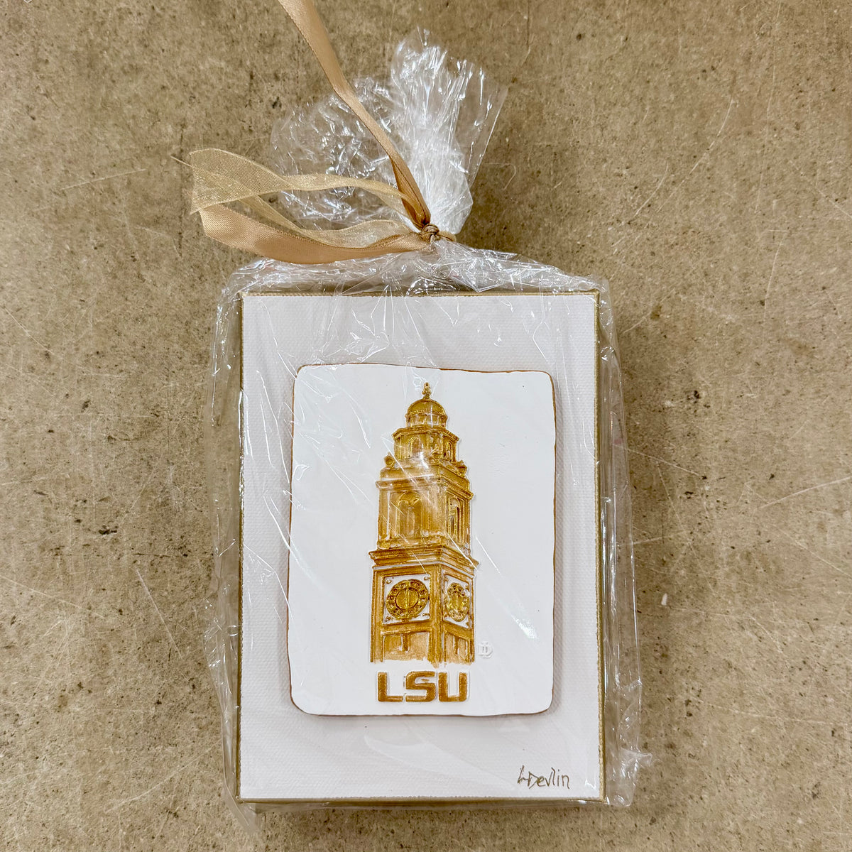 LSU clay artwork on canvas by Lisa Devlin Louisiana wall art textured handmade decor