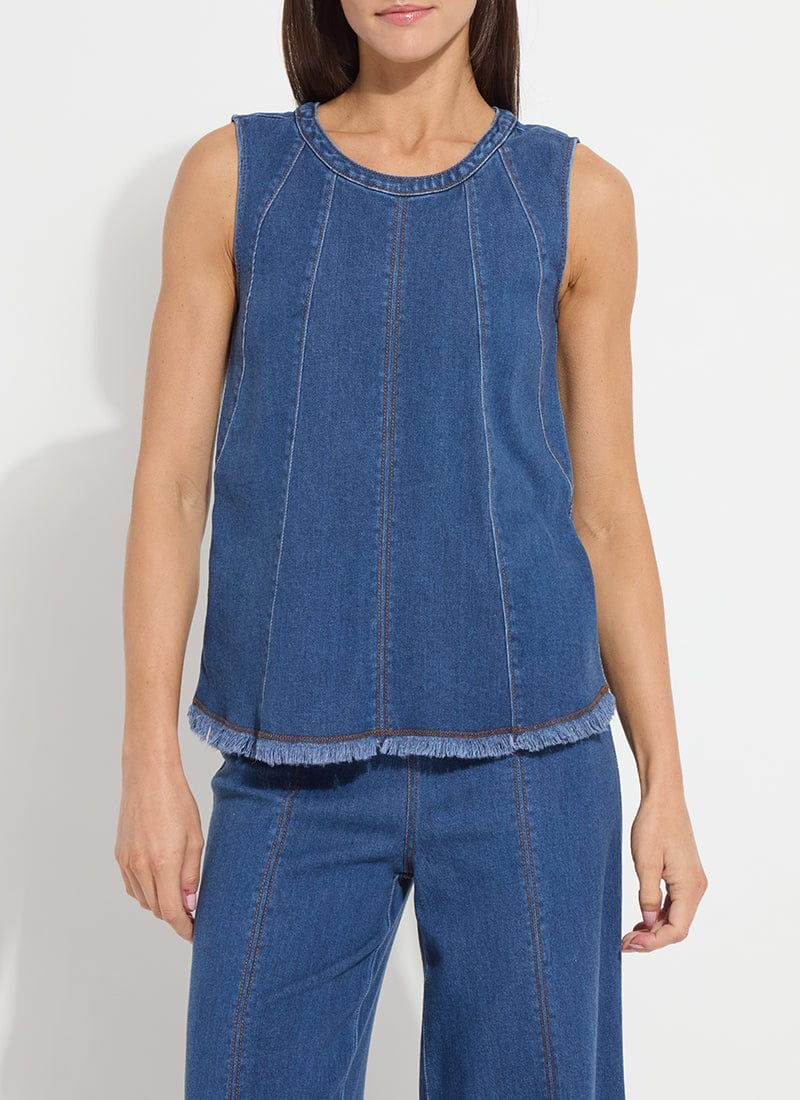 Irabella Fringed Hem Denim Top in Mid Wash