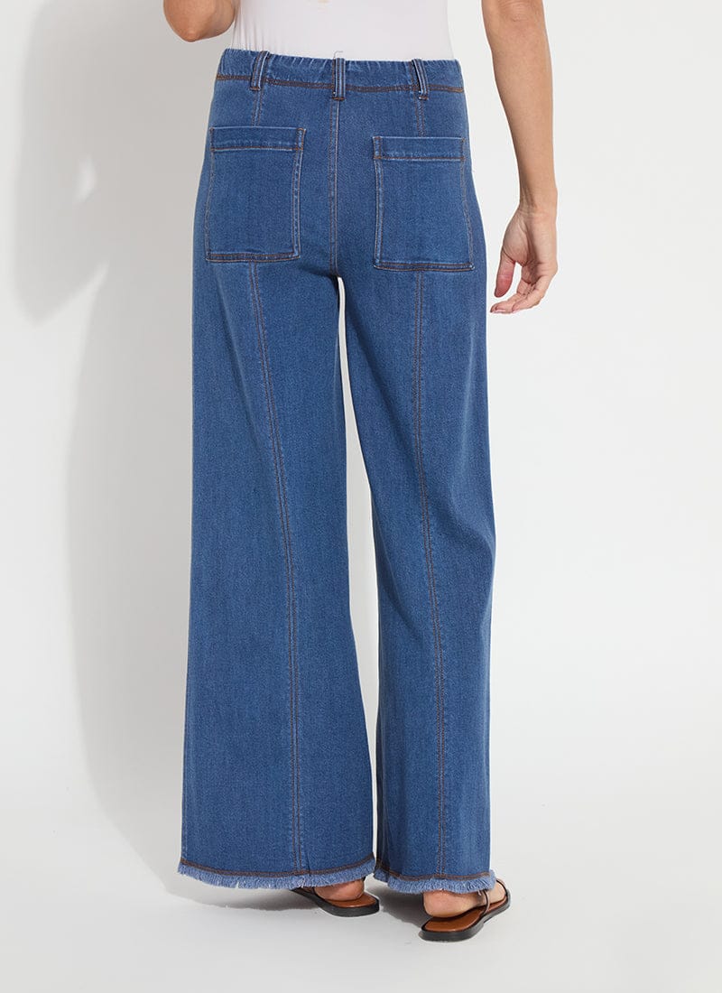 Irabella Fringed Hem Wide Leg Denim in Mid Wash