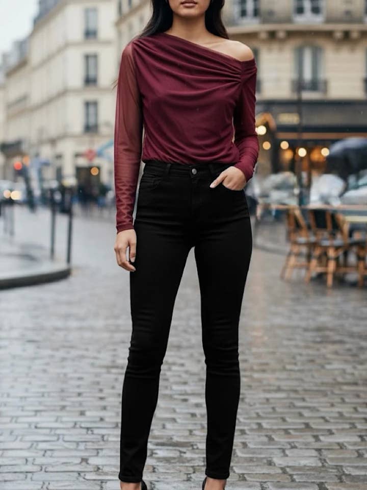 red off the shoulder sheer blouse