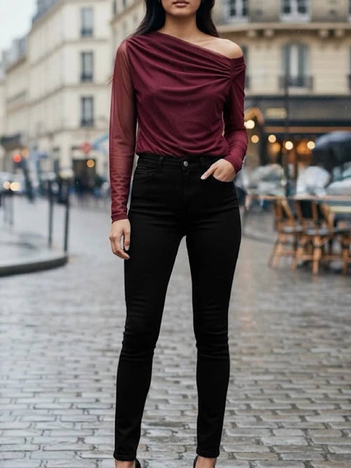 red off the shoulder sheer blouse