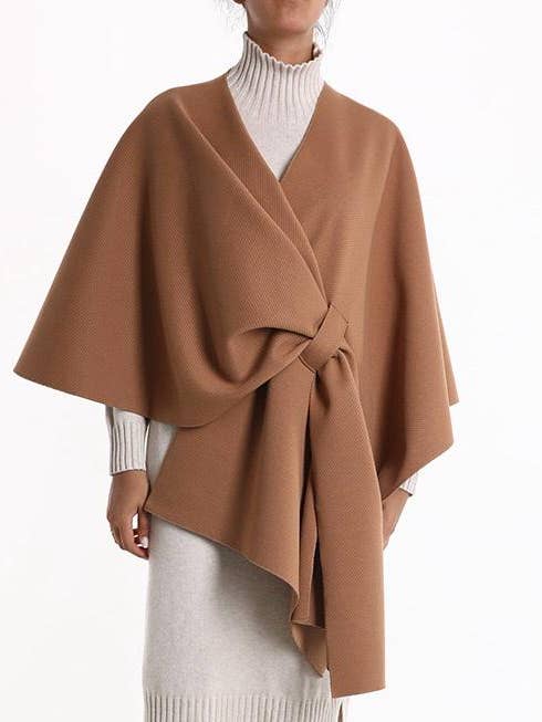 Italian Large Poncho with Knot Closure in Camel