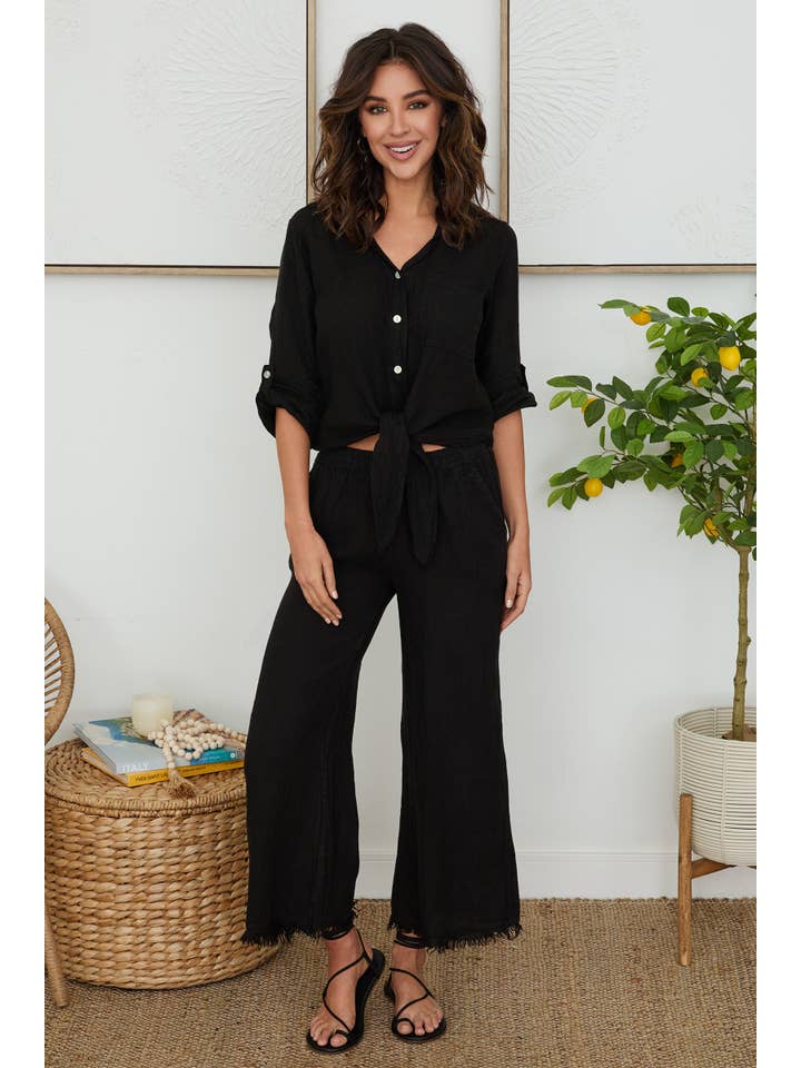 Italian Linen Pants with Raw Hem in Black