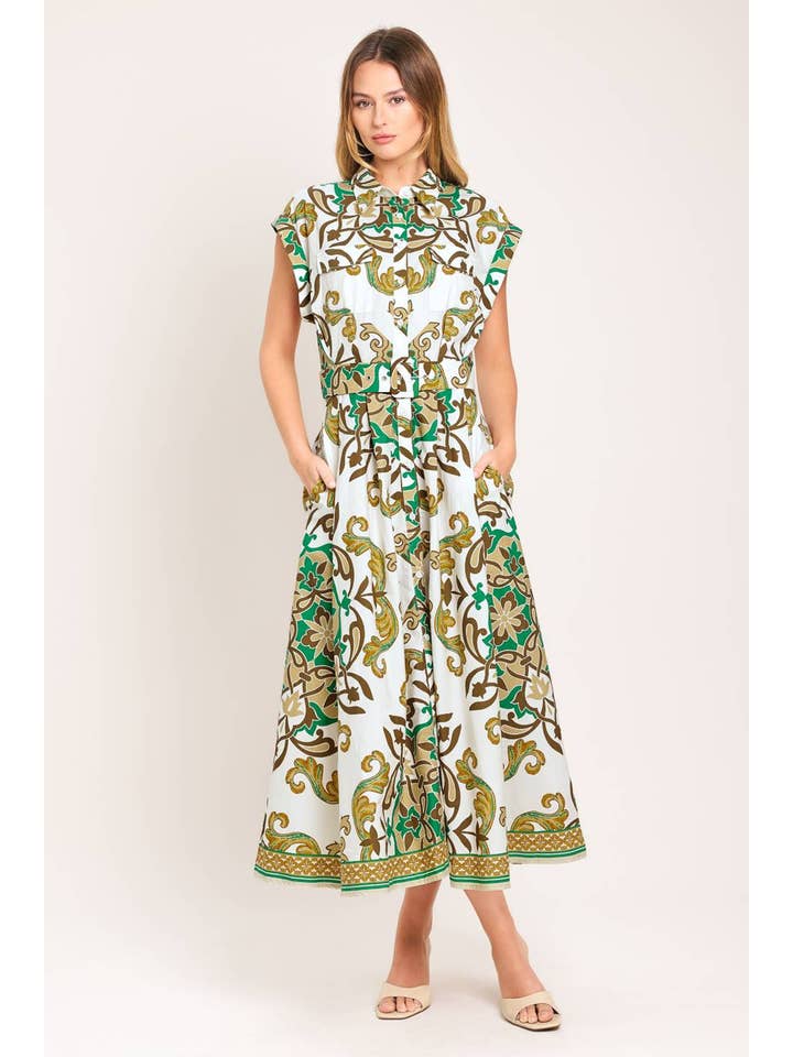 Ivory Olive Ornate Printed Woven Midi Shirt Dress