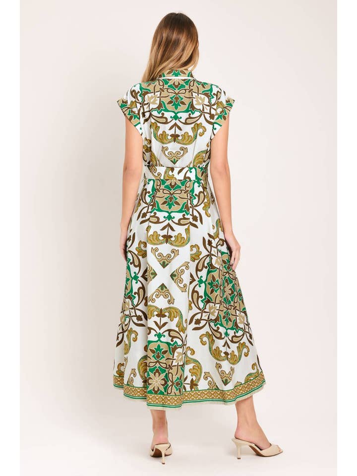 Ivory Olive Ornate Printed Woven Midi Shirt Dress