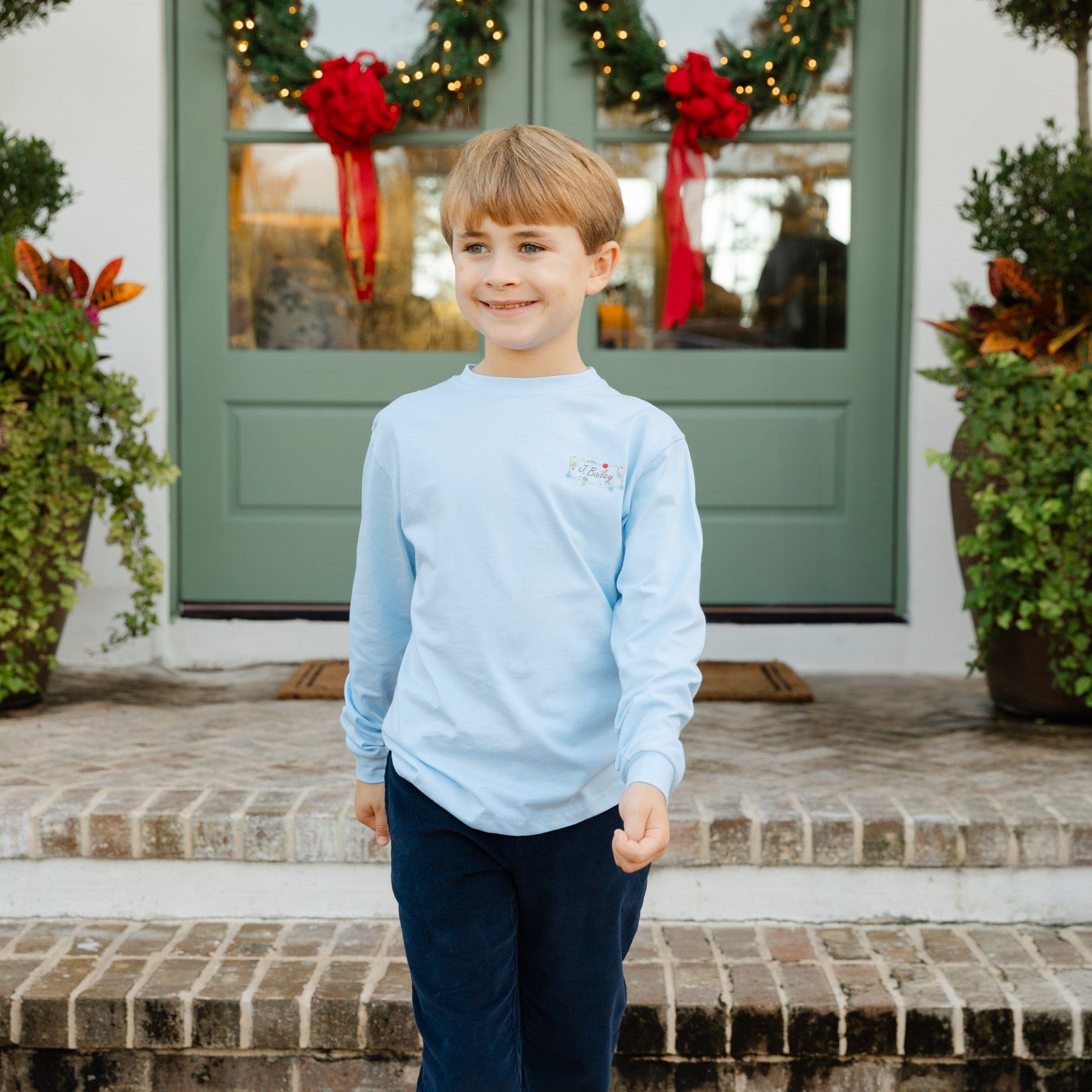 Bailey Boys Long Sleeve Logo Tee, Christmas Labs on Light Blue - Little Miss Muffin Children & Home