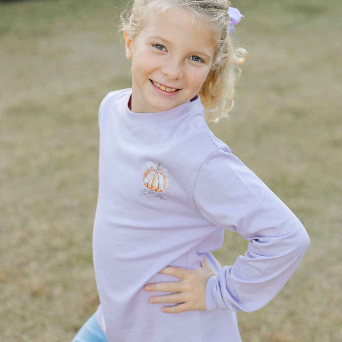 Bailey Boys Long Sleeve Girl's Logo Tee, Pumpkin on Lavender - Little Miss Muffin Children & Home