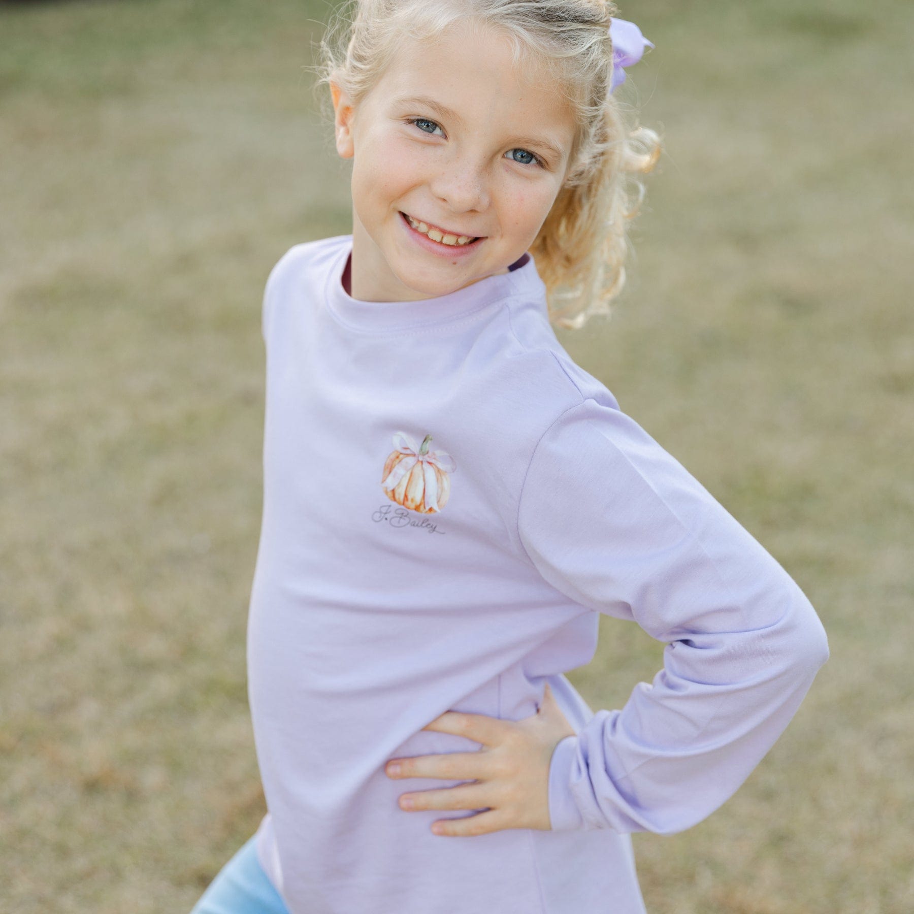 Bailey Boys Long Sleeve Girl's Logo Tee, Pumpkin on Lavender - Little Miss Muffin Children & Home