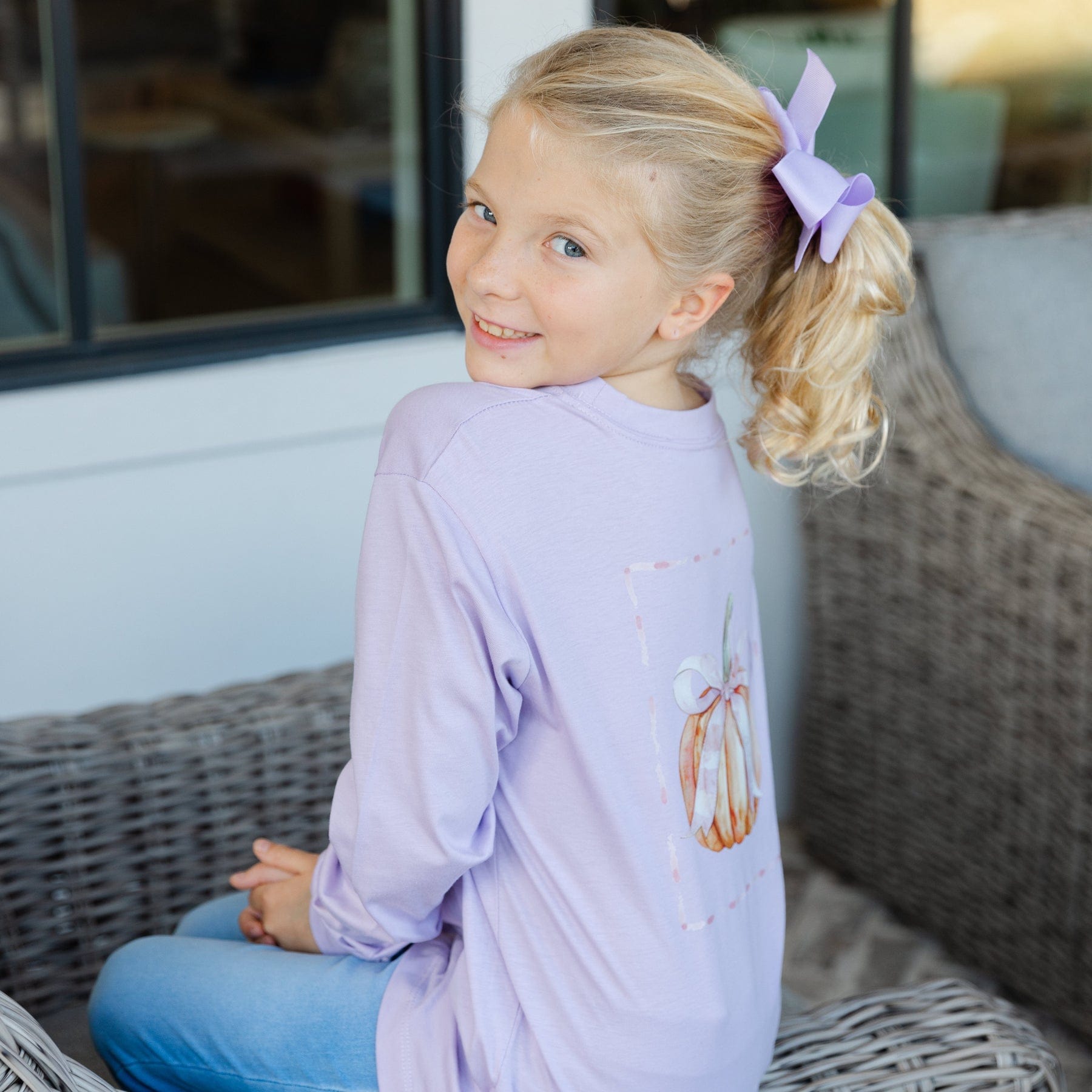 Bailey Boys Long Sleeve Girl's Logo Tee, Pumpkin on Lavender - Little Miss Muffin Children & Home