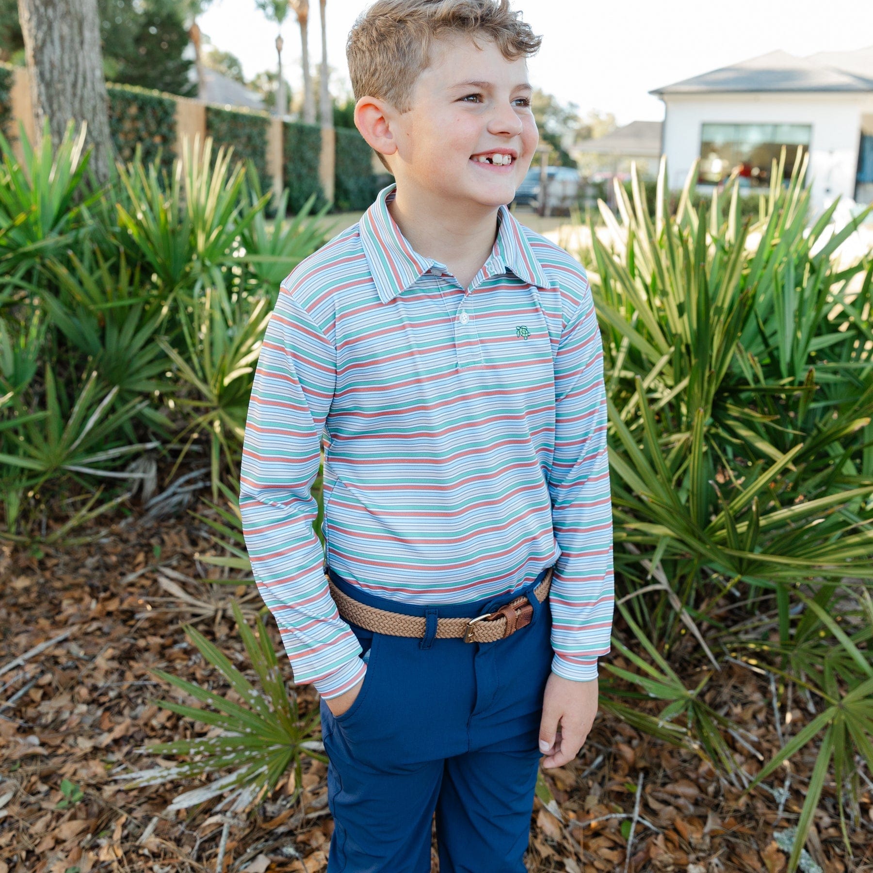 Bailey Boys Harry Long Sleeve Striped Performance Polo in Hazel - Little Miss Muffin Children & Home