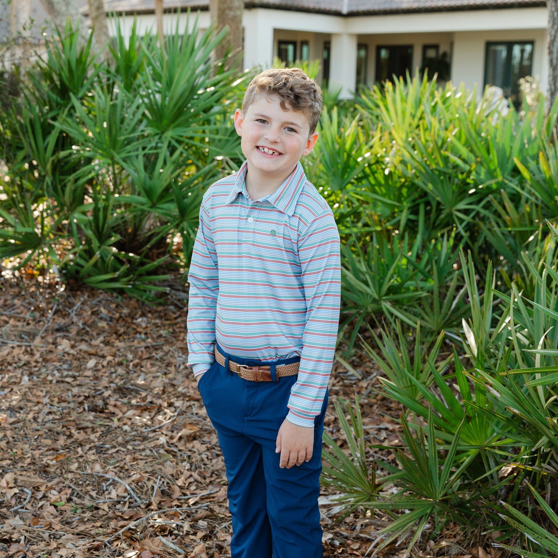 Bailey Boys Harry Long Sleeve Striped Performance Polo in Hazel - Little Miss Muffin Children & Home