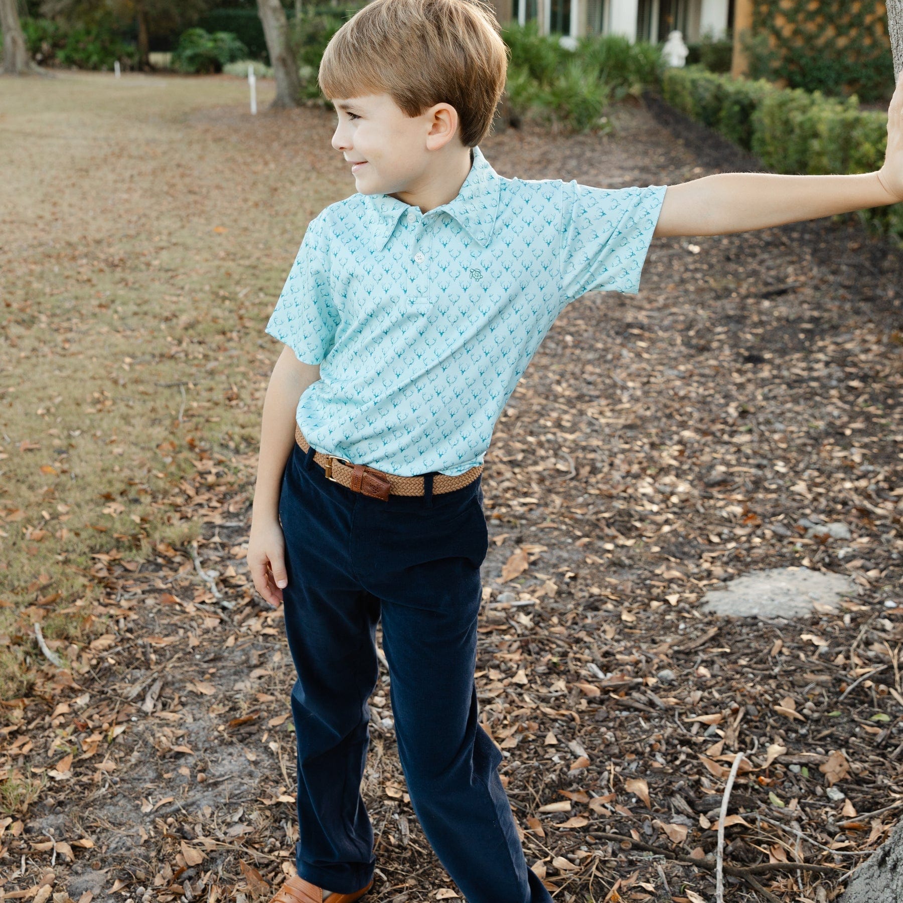 Bailey Boys Henry Short Sleeve Performance Polo, Antlers on Green - Little Miss Muffin Children & Home
