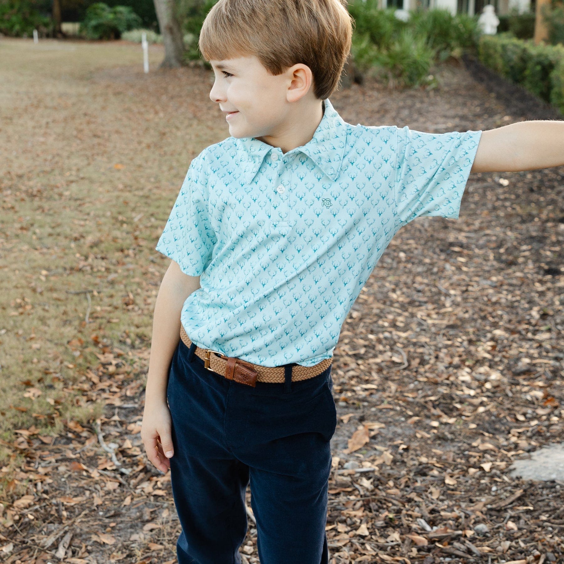 Bailey Boys Henry Short Sleeve Performance Polo, Antlers on Green - Little Miss Muffin Children & Home