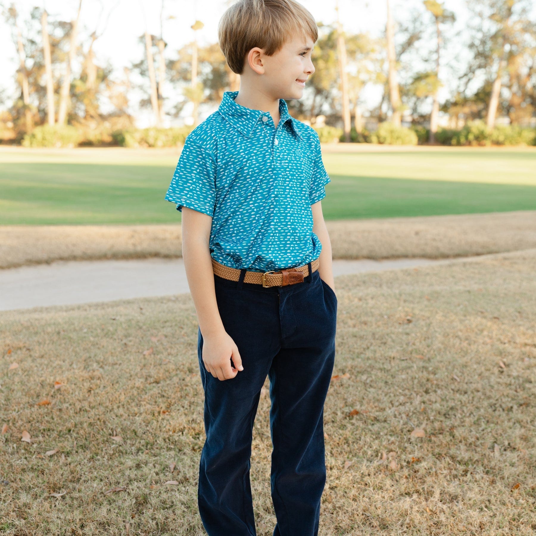 Bailey Boys Henry Short Sleeve Performance Polo, Lures on Blue - Little Miss Muffin Children & Home