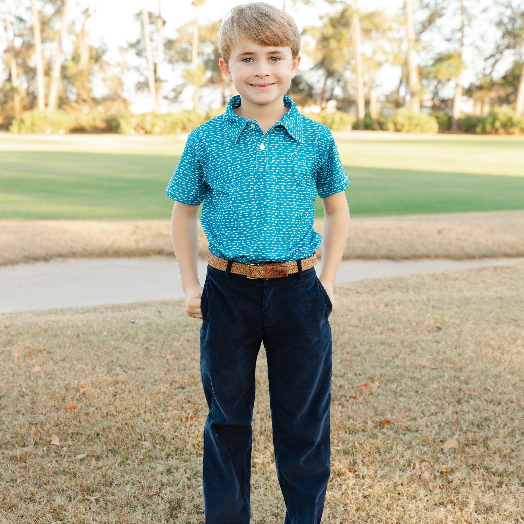 Bailey Boys Henry Short Sleeve Performance Polo, Lures on Blue - Little Miss Muffin Children & Home