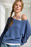La Miel Boat Neck Off Shoulder Cozy Dolman Sleeve Sweater in Denim - Little Miss Muffin Children & Home
