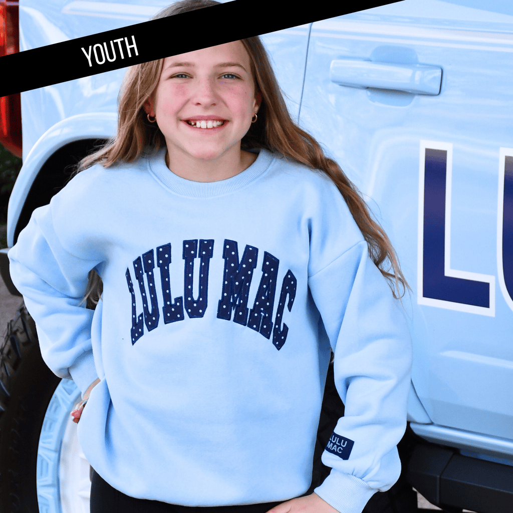 Lulu Mac Polka Dot Youth Sweatshirt in Light Blue & Navy Stitch by Girlie Girl Originals