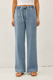 Knit Denim Wide Leg Pull On Med Wash Pants