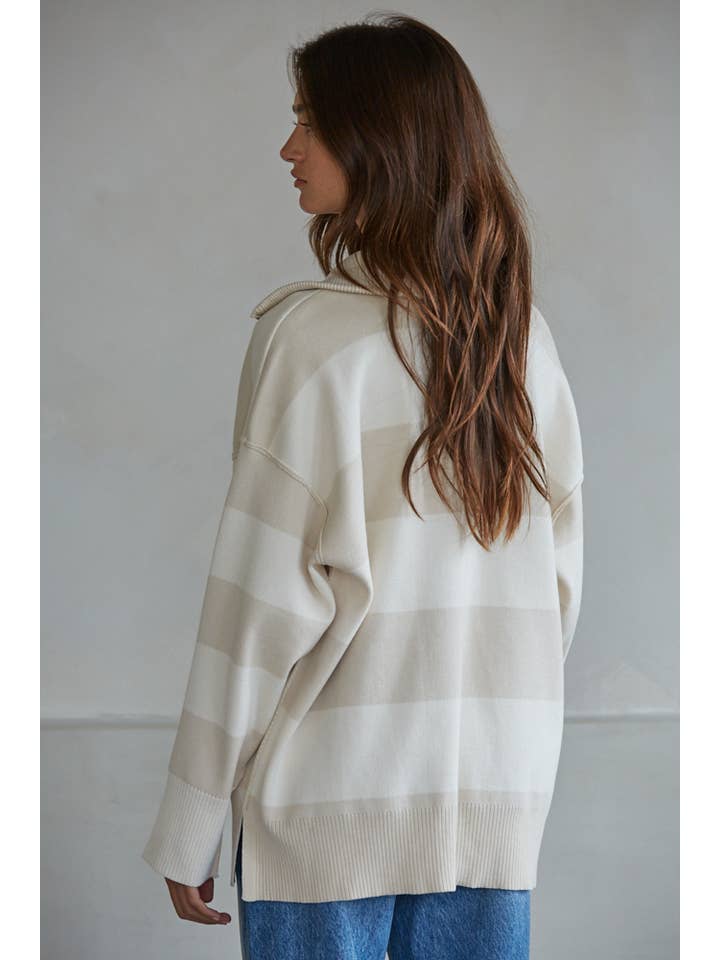 Knit Striped Half Zip Oversized Turtleneck Top in Sand/Cream