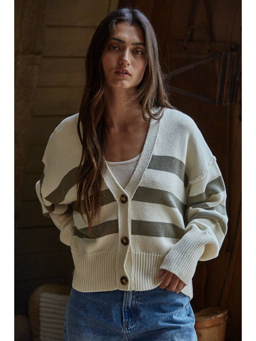 cream and olive striped cardigan