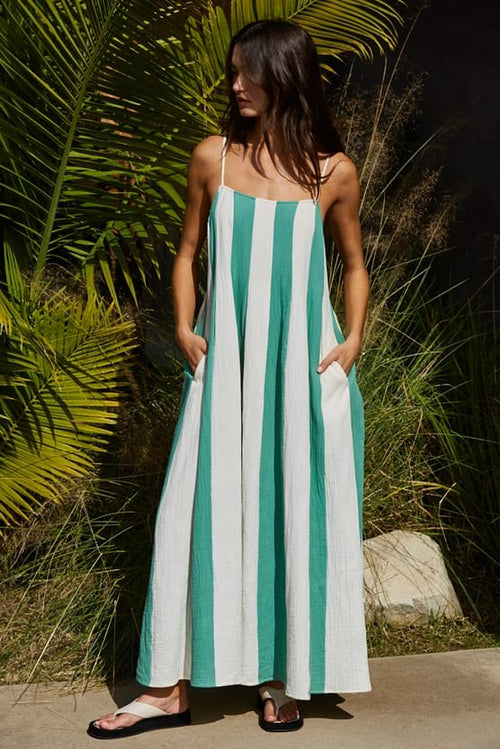Cotton Gauze Cream Green Striped Cami Pintuck Midi Dress