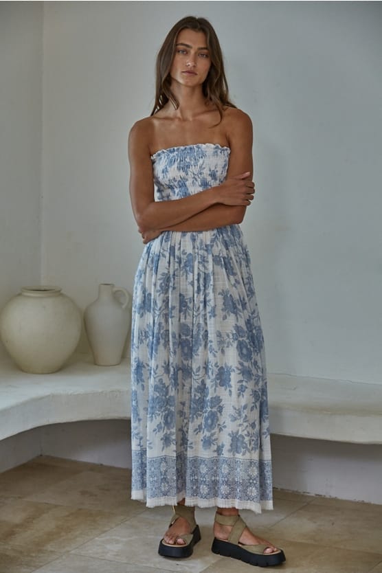 Ivory Blue Woven Cotton Rayon Floral Print Smocked Tube Neck Strapless Midi Dress With Rayon Lining