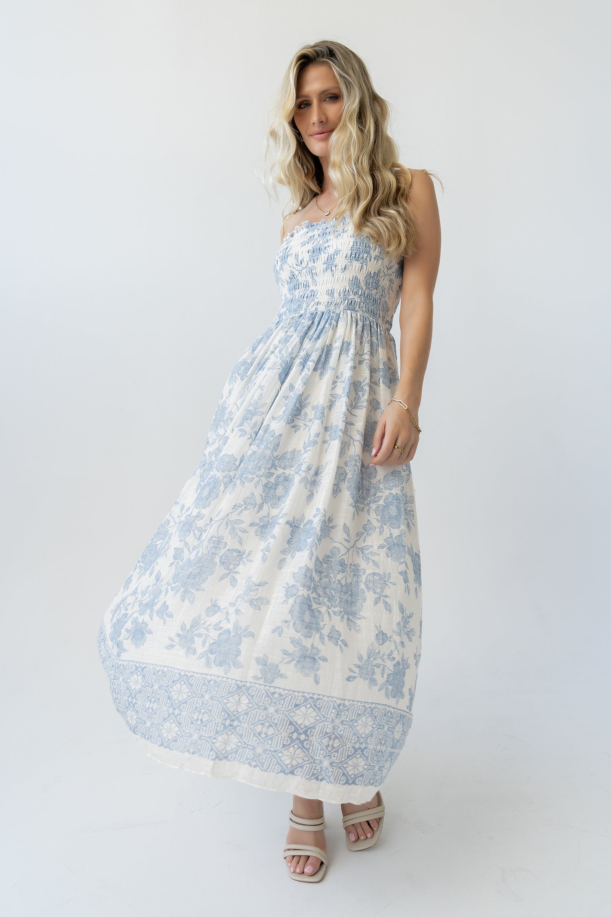 Ivory Blue Woven Cotton Rayon Floral Print Smocked Tube Neck Strapless Midi Dress With Rayon Lining