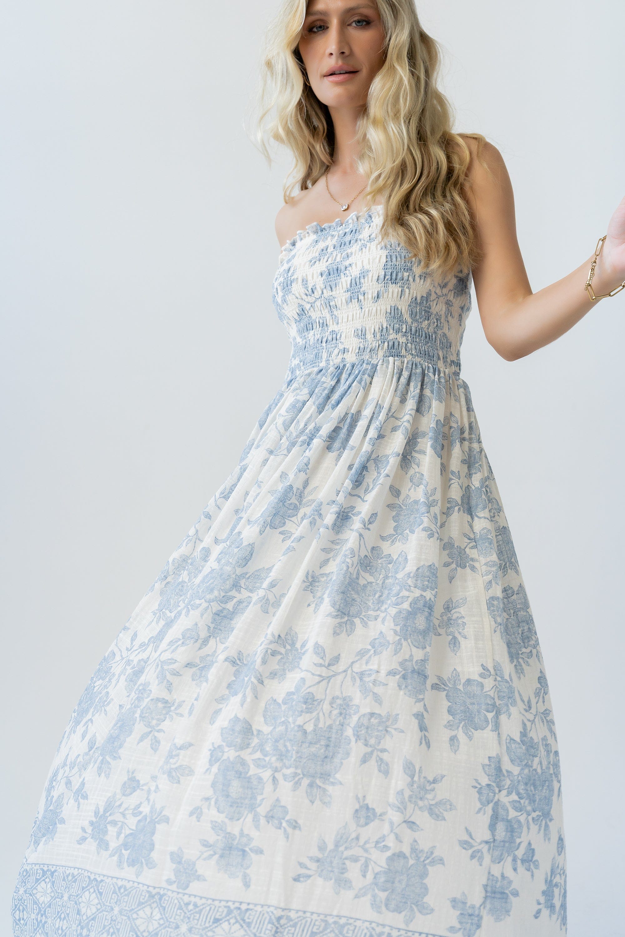 Ivory Blue Woven Cotton Rayon Floral Print Smocked Tube Neck Strapless Midi Dress With Rayon Lining