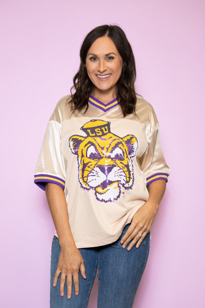 lsu sequin jersey dress Queen Of Sparkles Licensed LSU Mascot Tee Dress Extra Small (00/0) / White/Purple/Gold