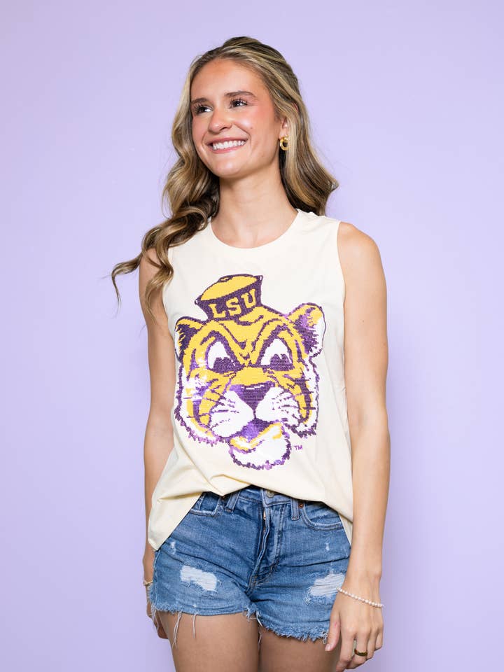 LSU Vintage Tiger Women's Sequin Design Butter Yellow Tank