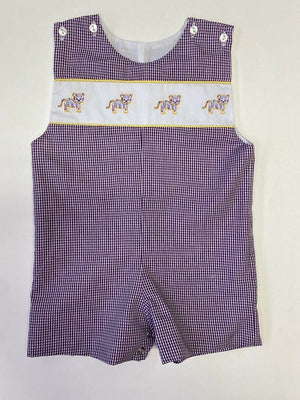 Lulu Bebe Lulu Bebe Pete LSU Tiger Embroidered Gingham Shortall - Little Miss Muffin Children & Home