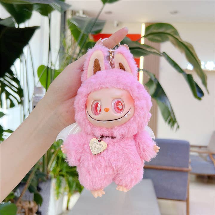 Labubu Cartoon Soft Vinyl Plush Doll Keychain with Wings pink