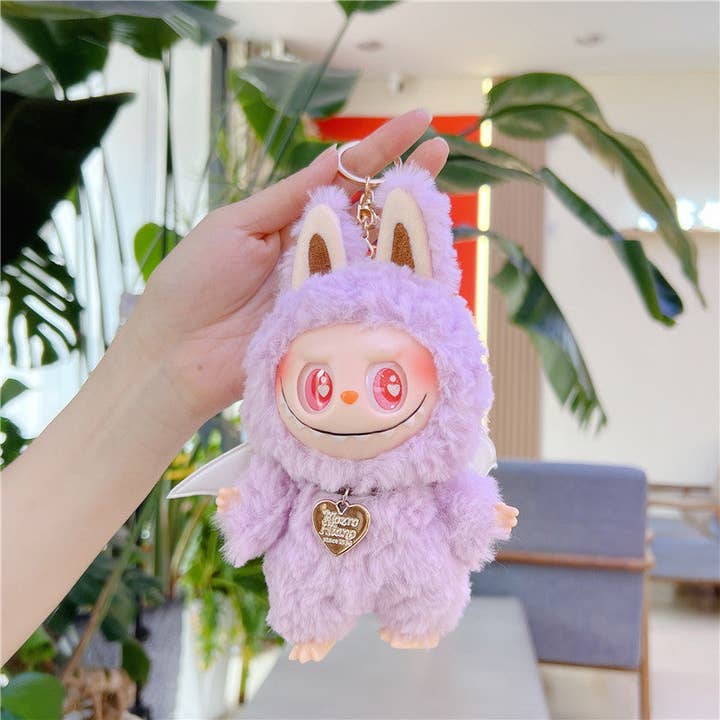 Labubu Cartoon Soft Vinyl Plush Doll Keychain with Wings lavender