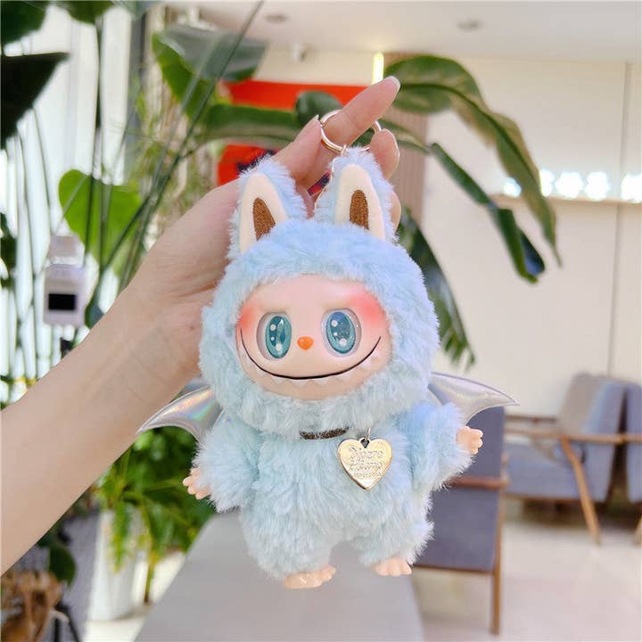 Labubu Cartoon Soft Vinyl Plush Doll Keychain with Wings blue