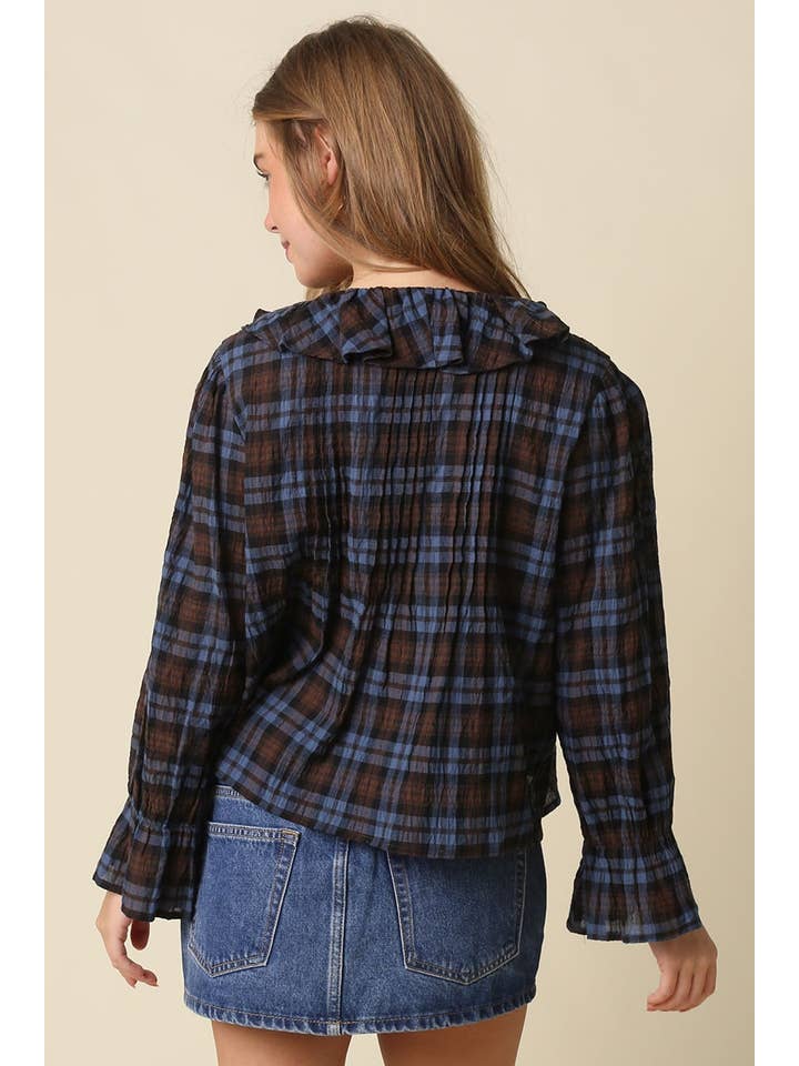 Lena Ruffle Trim Plaid Blouse